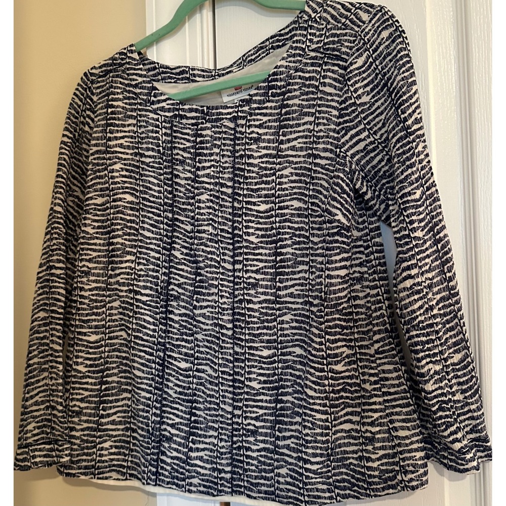 Vineyard Vines Womens Silk Cotton Abstract Stripe Blouse Blue White Size 2
